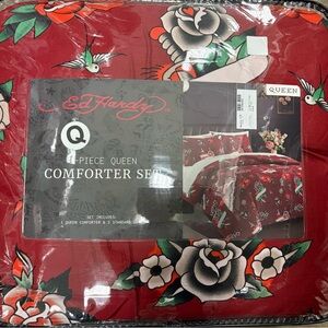 Ed Hardy Floral Red Queen 3 piece Comforter Set